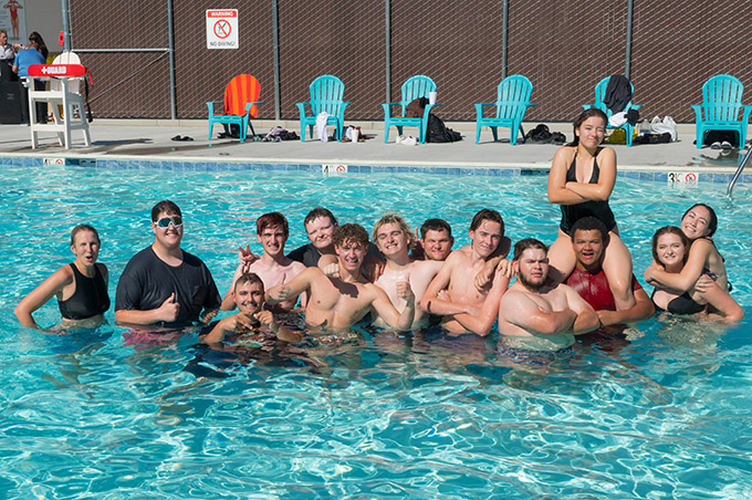 Boron high school students swim in the newly refurbished swimming pool in Boron, California