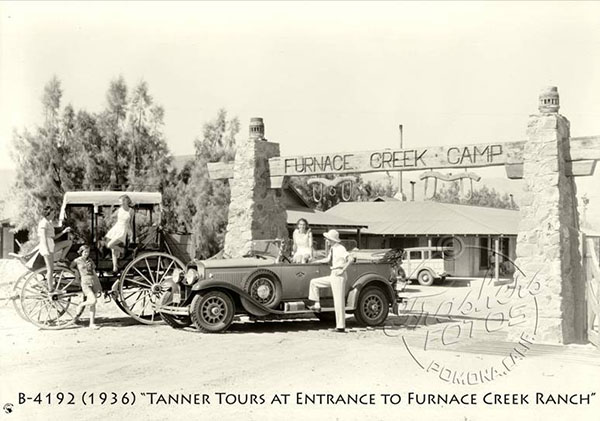 Tanner Tours at entrance to Furnace Creek Ranch, 1936